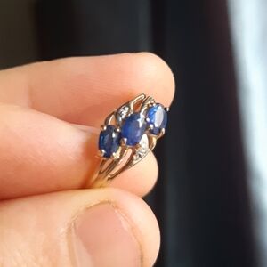 14K Yellow Gold 3 Blue Sapphire Diamond Ring Size 6